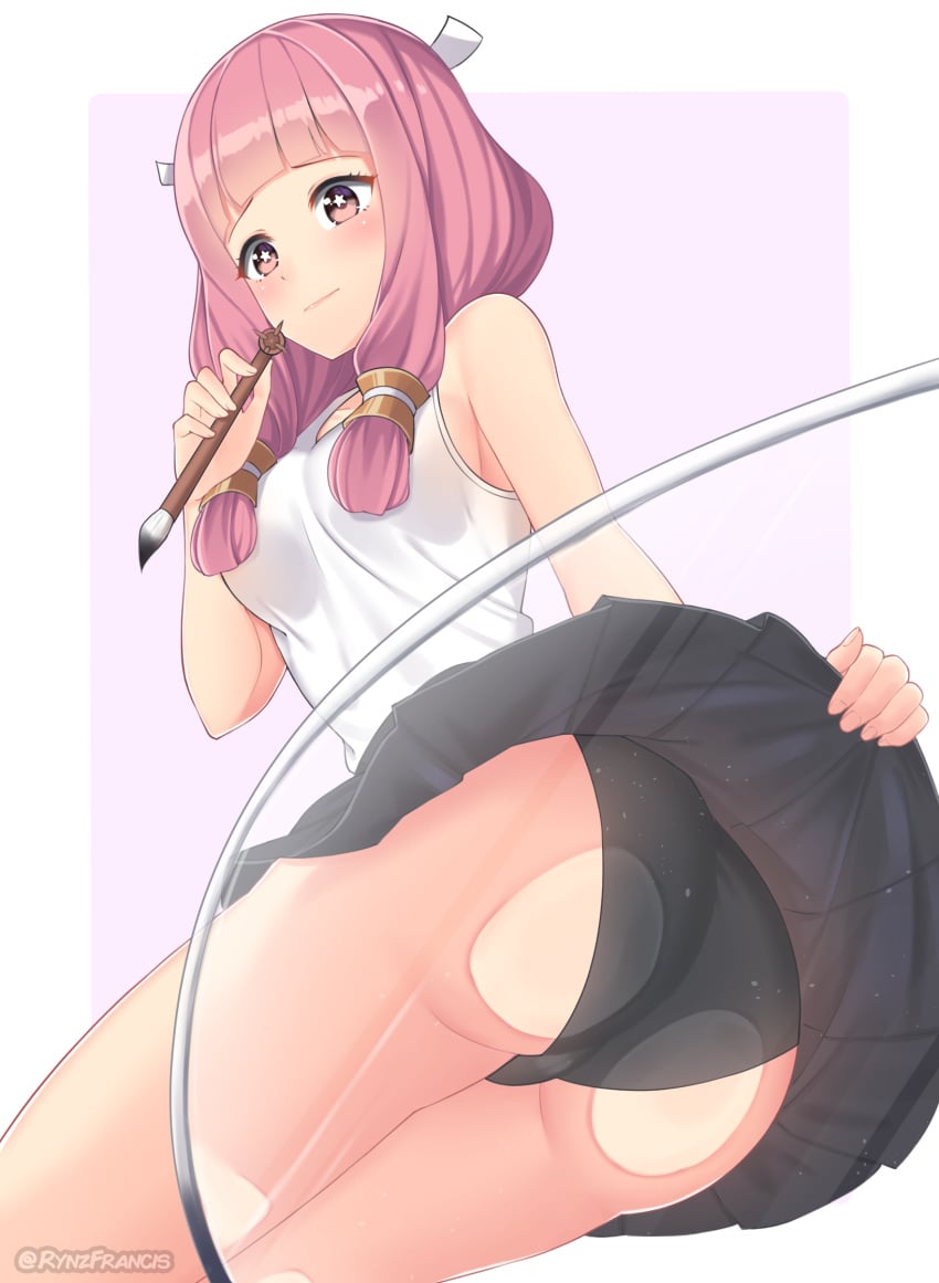 against_glass alternate_costume ass ass_on_glass black_panties closed_mouth commission female fire_emblem fire_emblem_fates glass highres holding holding_paintbrush lifted_by_self long_hair mitama mitama_(fire_emblem) paintbrush panties pantyshot pink_eyes pink_hair rynzfrancis simple_background skirt_lift sleeveless solo star-shaped_pupils star_(symbol) symbol-shaped_pupils twitter_username underwear upskirt