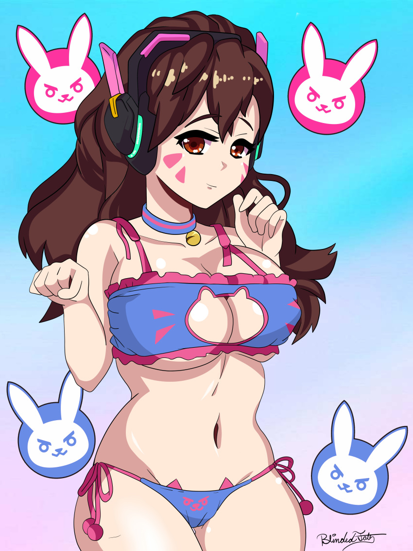 alluring bell_collar blinded_fate_studios blizzard_entertainment brown_eyes brown_hair curvy_figure d.va face_markings gamer_girl headphones huge_breasts looking_at_viewer overwatch smirk