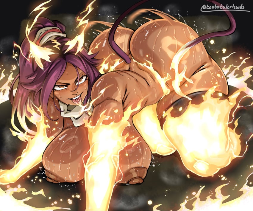 1girls all_fours areolae ass bedroom_eyes big_ass big_breasts bleach bleach:_the_thousand-year_blood_war bouncing_ass breasts busty dark-skinned_female dark_skin electricity fat_ass female female_only half-closed_eyes huge_ass huge_breasts large_ass large_breasts lightning looking_at_viewer nipples nude nude_female shihouin_yoruichi solo sweat sweatdrop sweaty_ass sweaty_body sweaty_breasts teatotalerlewds thick_ass thick_thighs thunder_thighs tongue tongue_out twerking wide_hips
