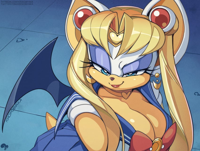 1girls 2020 anthro big_breasts big_ears bishoujo_senshi_sailor_moon blonde_hair blue_eyes breasts choker cleavage clothing cosplay earrings eyeshadow female female_focus female_only half-closed_eyes huge_breasts krokobyaka large_breasts lipstick long_hair mascara meme rouge_the_bat sailor_moon sailor_moon_(cosplay) sailor_moon_redraw_challenge sega skirt smile smirk smug smug_face solo sonic_(series) twintails wings