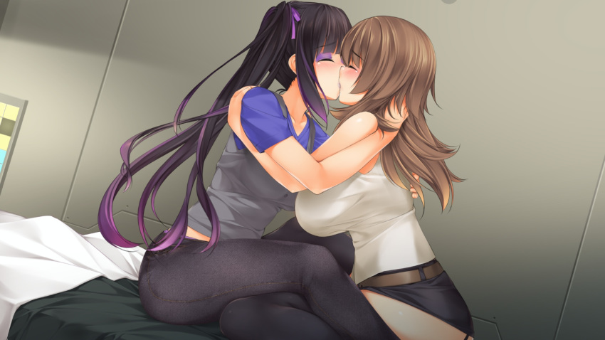 black_hair blush brown_hair dharker_studios erica(galaxy_girls) galaxy_girls jeans kissing kopianget kotoha(galaxy_girls) tagme thigh_highs