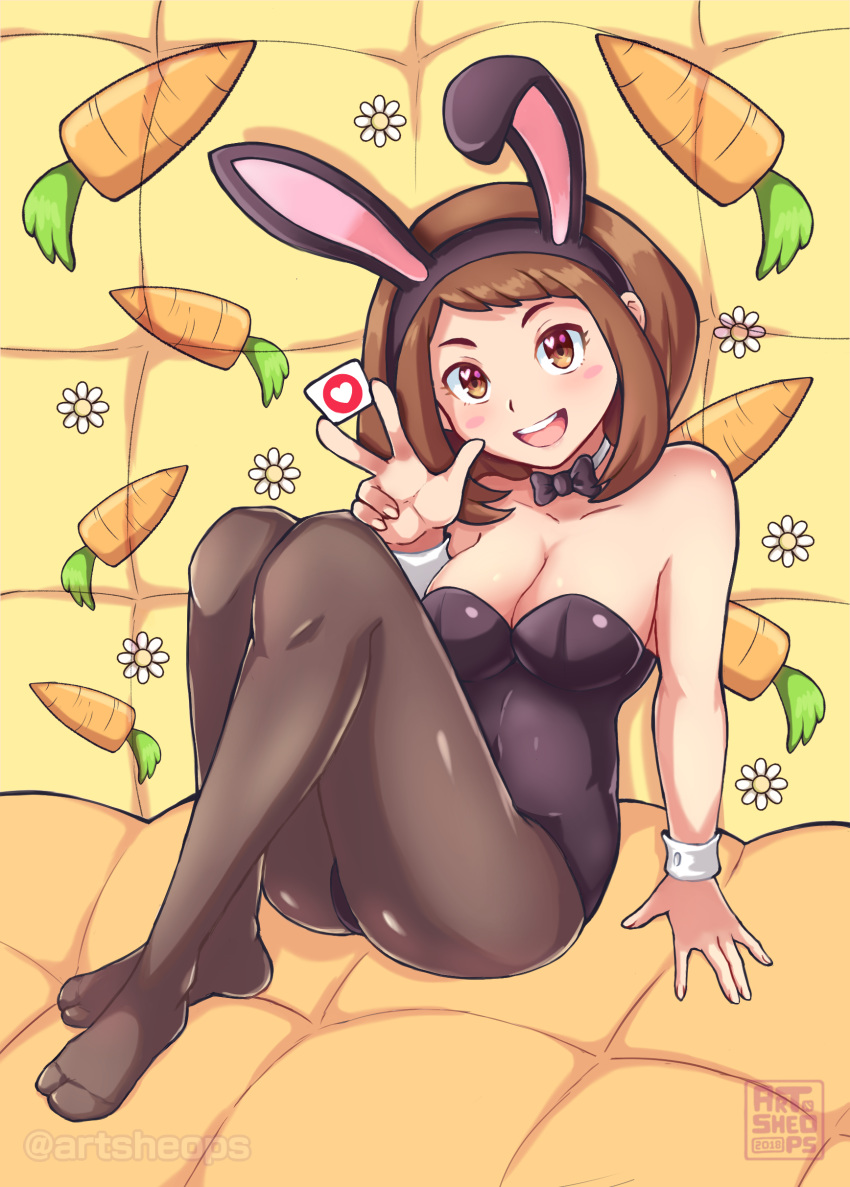 1girls artsheops black_pantyhose blush breast brown_eyes brown_hair bunny_ears bunnysuit eye_contact female leotard looking_at_viewer medium_hair my_hero_academia ochako_uraraka pale-skinned_female pale_skin pantyhose solo thick_thighs thighs voluptuous