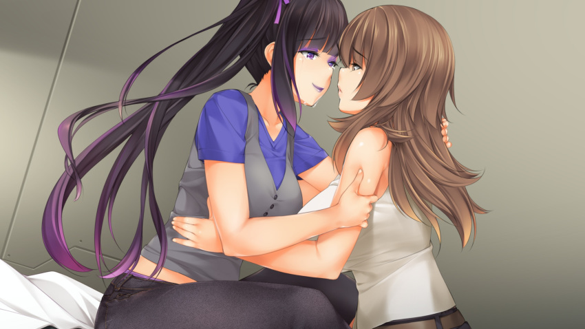 2girls black_hair breasts brown_eyes brown_hair crying dharker_studios erica(galaxy_girls) eyebrows_through_hair galaxy_girls jeans kopianget kotoha(galaxy_girls) purple_eyes smiling tagme yuri