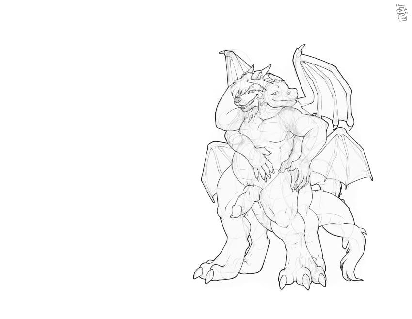 1boy absurd_res anthro belly canid canine ceanoth claws corruption digital_media_(artwork) dragon duo erection fur genitals hair hi_res horn hybrid knot male male/male male_only mammal merging monochrome mot nude penis salatranir scalie sex simple_background tail_tuft transformation tuft wings