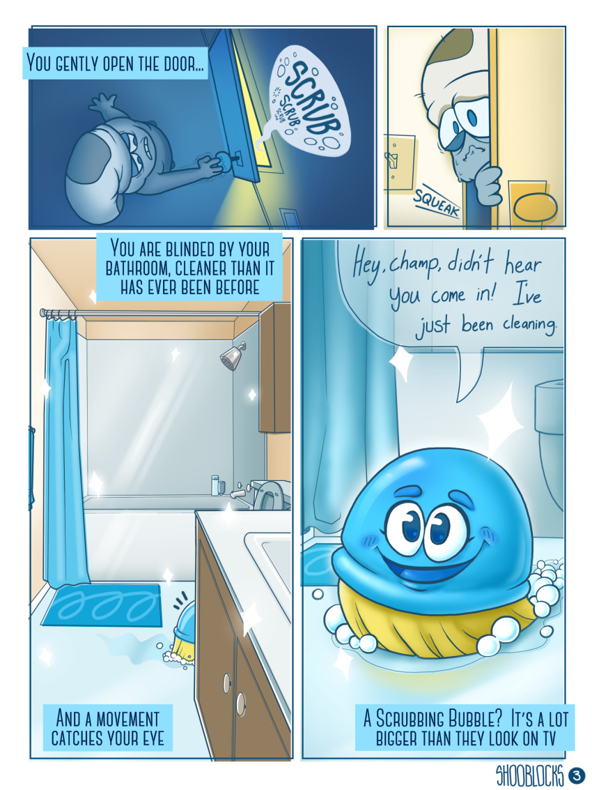 anthro bathroom blue_skin cleaning comic hypothetical inanimate nervous object_character pussy scrubbing_bubbles shooblocks