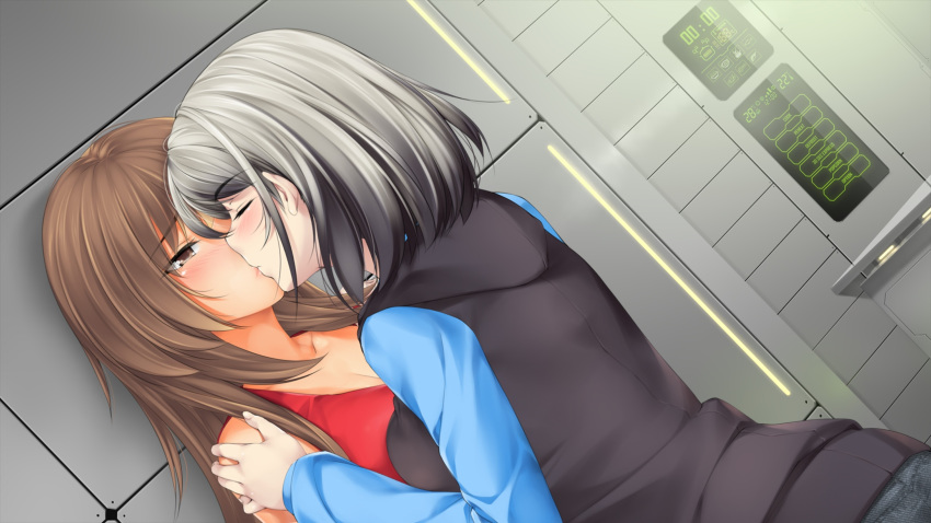 2girls breasts brown_eyes brown_hair dharker_studios emilia(galaxy_girls) erica(galaxy_girls) eyebrows_through_hair galaxy_girls kissing kopianget tagme white_hair yuri