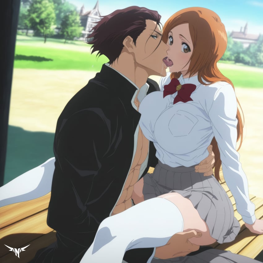 1boy 1boy1girl 1girls abs absurd_res ai_generated aizen_sousuke bleach breast_press breast_press_on_chest breast_squeeze breasts breasts_bigger_than_head cheating cheating_girlfriend cuckold cuckold_pov french_kiss huge_breasts kissing looking_at_viewer netorare ntr ntrkage open_shirt orihime_inoue school_uniform shirt skirt thick_thighs thighhighs thighs waist waist_grab