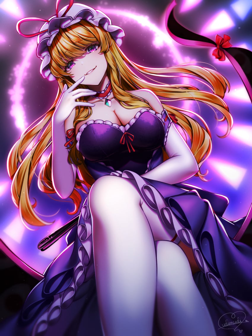 looking_at_viewer purple_dress smile touhou white_thighhighs yakumo_yukari yukari_yakumo