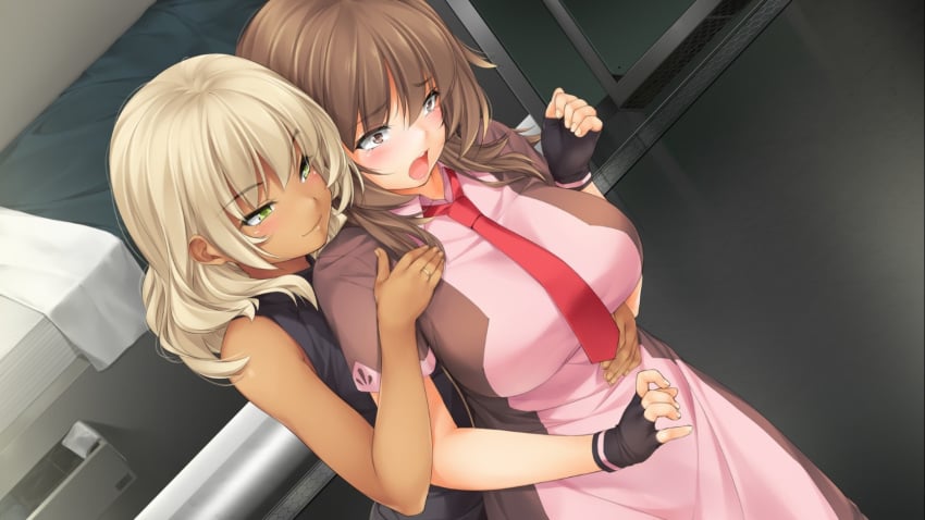 2girls blonde_hair breasts brown_eyes brown_hair dharker_studios erica(galaxy_girls) eyebrows_through_hair galaxy_girls green_eyes kopianget sara(galaxy_girls) surprised tagme yuri