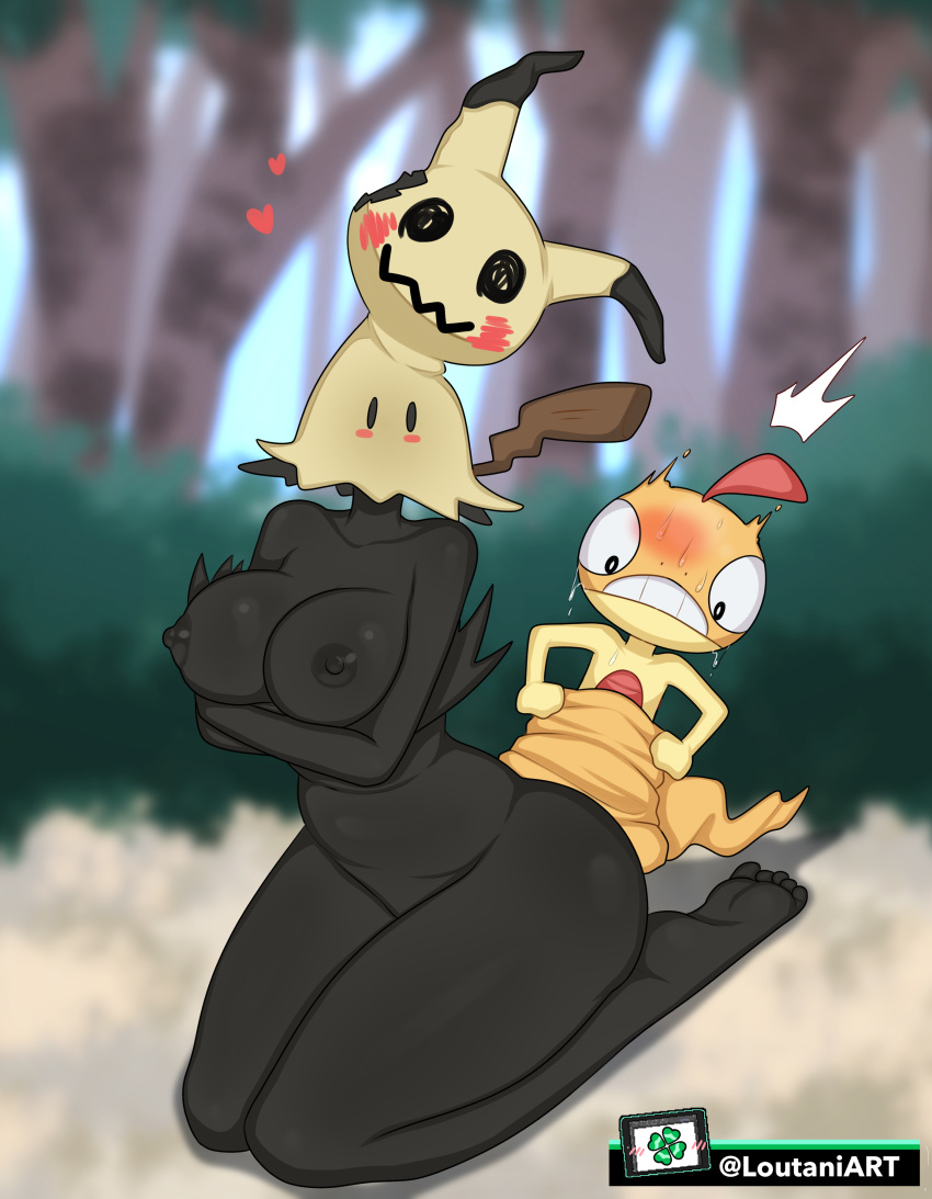 anthro big_breasts black_skin blush breasts humanized loutaniart mimikyu pokemon scraggy