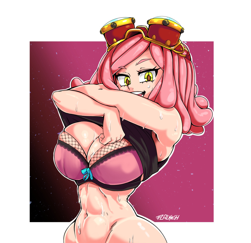 abs big_breasts bow_bra female female_only flauschdraws goggles goggles_on_head gradient_background hourglass_figure lace lace-trimmed_bra lace_trim large_breasts looking_at_viewer mei_hatsume my_hero_academia pink_bra pink_hair pulling_up_shirt schoolgirl shirt_lift short_hair slender_waist solo solo_female solo_focus steampunk_goggles sweat sweating sweaty tank_top tank_top_lift target-shaped_pupils toned toned_female toned_stomach unusual_pupils yellow_eyes