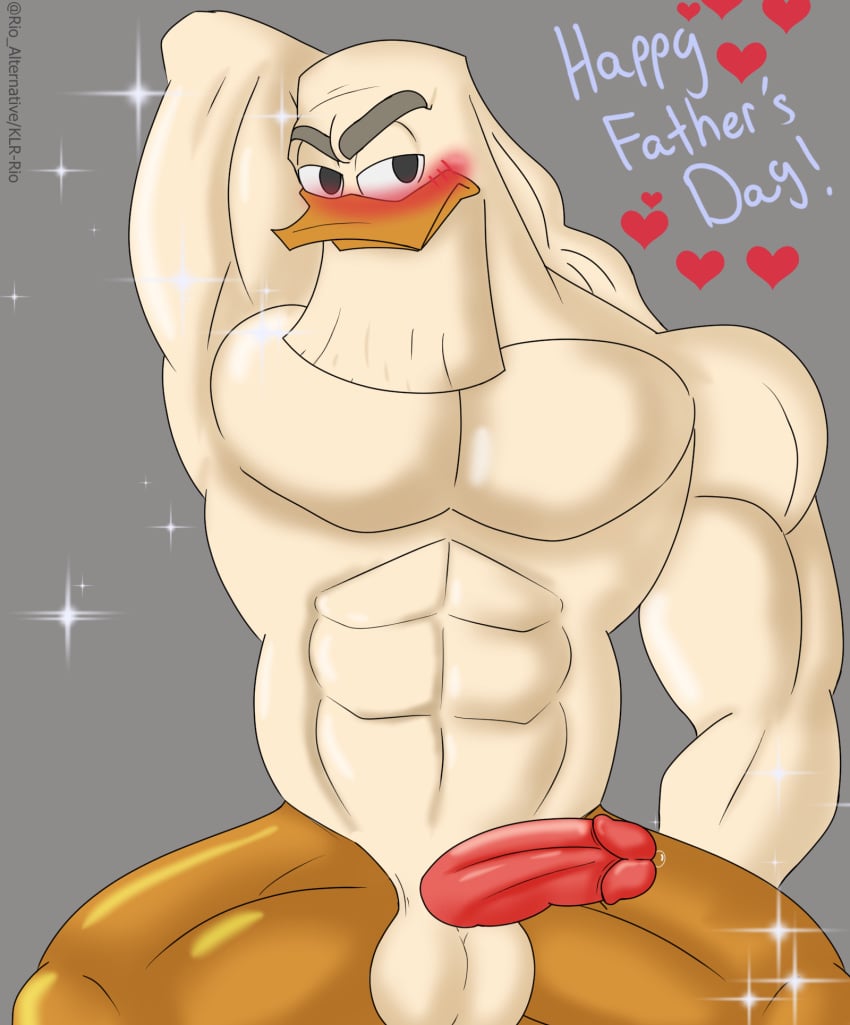 abs anatid anseriform anthro avian balls beak beard bird blush bodily_fluids digital_media_(artwork) disney duck ducktales ducktales_(2017) facial_hair feathers genital_fluids genitals hand_behind_back hand_behind_head hi_res klr-rio looking_at_viewer male male_only muscular muscular_male nipples pecs penis precum simple_background solo zeus zeus_(ducktales)