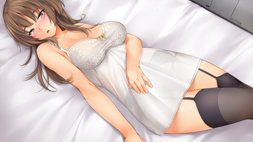 blush breasts brown_hair dharker_studios erica(galaxy_girls) eyebrows_through_hair galaxy_girls garter_straps kopianget negligee nightgown tagme thigh_highs