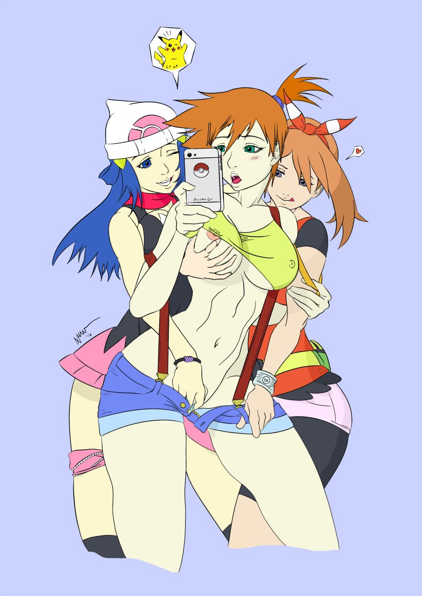 3girls bike_shorts blue_eyes blue_hair dawn_(pokemon) female female_only green_eyes groping groping_from_behind human kasumi_(pokemon) may_(pokemon) may_(pokemon_oras) multiple_girls nintendo pikachu pink_skirt pokémon_(species) pokemon suspenders tagme xhaart xhan-art yuri