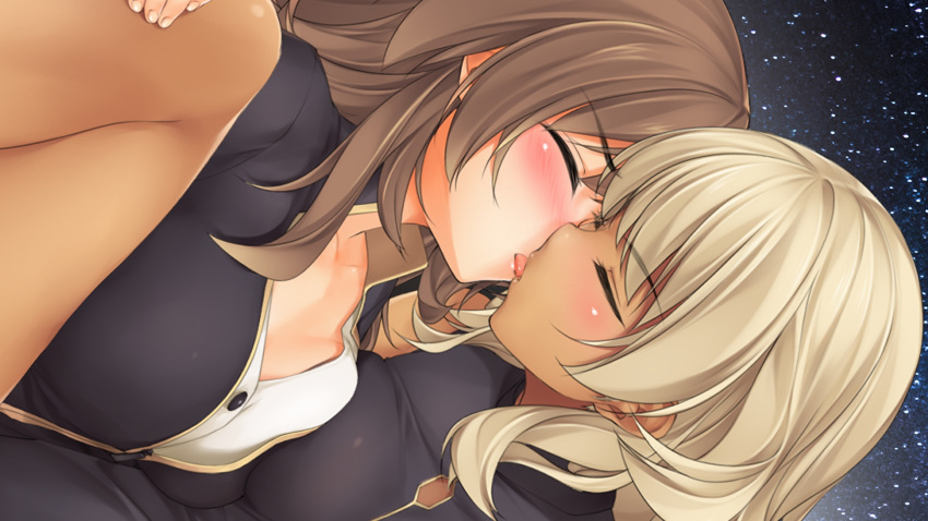 2girls blonde_hair breasts brown_hair dharker_studios erica(galaxy_girls) eyebrows_through_hair galaxy_girls kissing kopianget sara(galaxy_girls) tagme tongue_out yuri