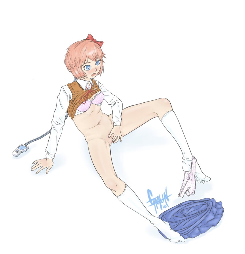 blue_eyes blush bow bra doki_doki_literature_club drooling female gmun hairbow hypnosis hypnotic_eyes just_sayori long_socks masturbation mind_control orange_hair panties panties_around_feet partially_clothed pink_bra pink_panties pussy red_bow sayori_(doki_doki_literature_club) school_uniform schoolgirl self_fingering simple_background socks solo sweating tech_control thigh_gap thighs