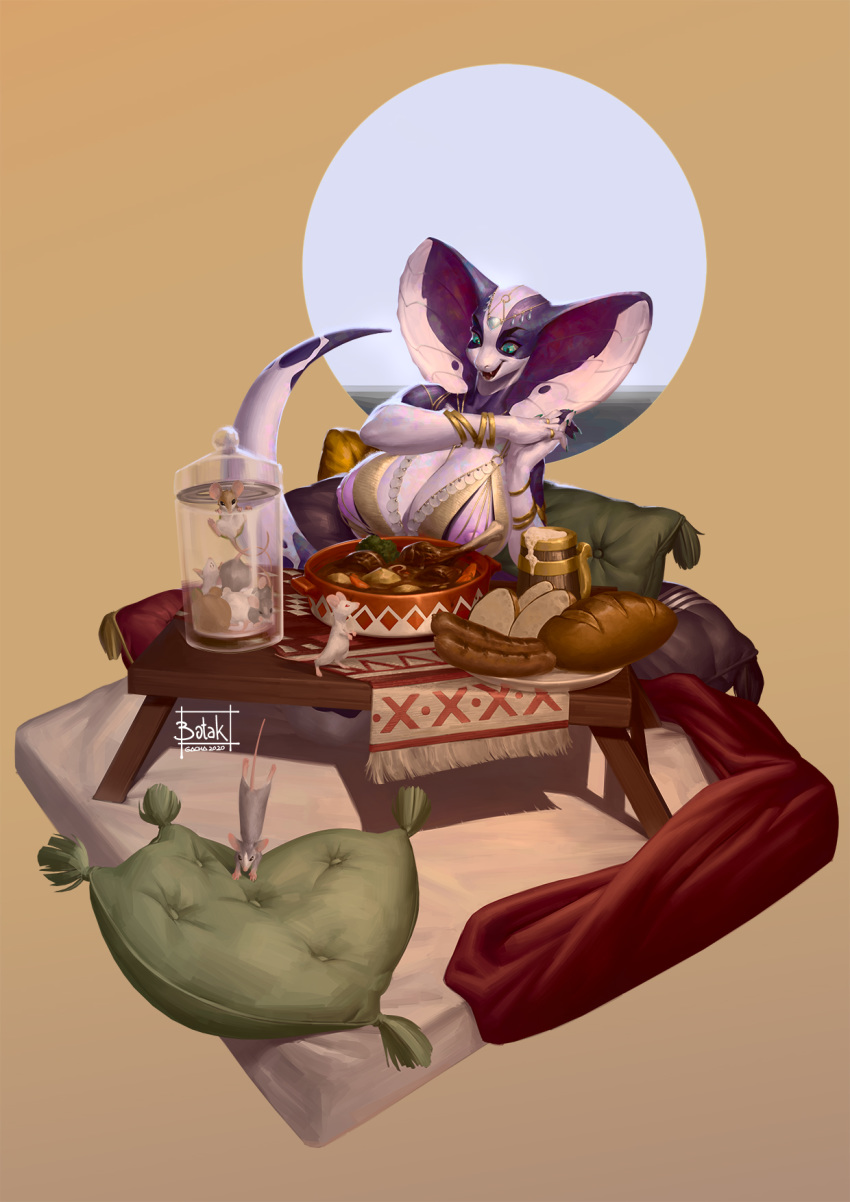 5_fingers anthro botak breasts female fingers food hi_res mammal mouse murid murine open_mouth pillow reptile rodent scalie snake snake_hood solo white_body