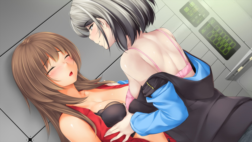 2girls blush breasts brown_hair dharker_studios emilia(galaxy_girls) erica(galaxy_girls) eyebrows_through_hair galaxy_girls groping kopianget multiple_girls pink_bra silver_eyes tagme white_hair yuri