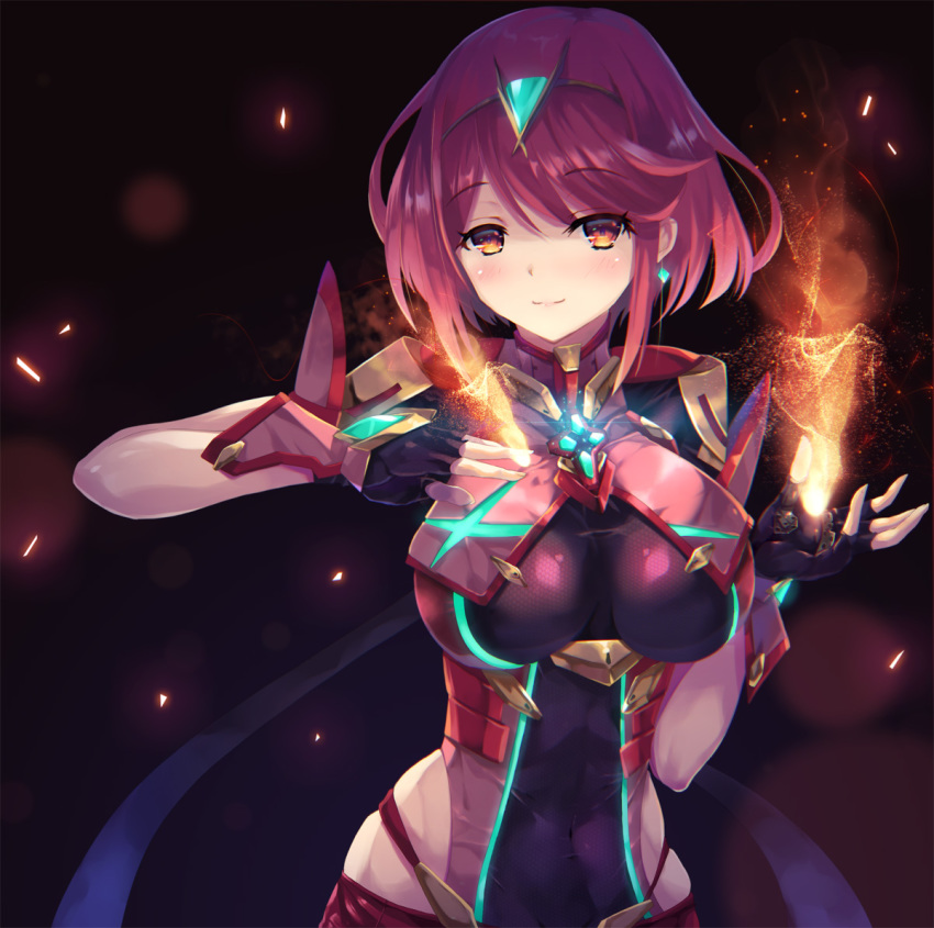 1girls arm_up armor ass bangs blush breasts butt_crack earrings female fingerless_gloves gem gloves glowing hand_on_ass headpiece hinot inoue_takuya_(pixiv_99697) jewelry large_breasts looking_at_viewer nintendo open_mouth pyra red_eyes red_hair short_hair shoulder_armor skindentation solo swept_bangs tiara xenoblade_(series) xenoblade_chronicles_2