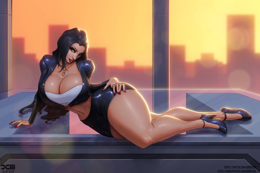 1girls barretxiii black_hair black_skirt breasts business_suit elexis_sinclaire female female_only female_solo green_eyes half-closed_eyes hand_on_hip high_heels huge_breasts large_breasts laying_on_desk laying_on_side lips looking_at_viewer midriff miniskirt necklace office_lady pencil_skirt pose short_hair sin_(game) skirt skirt_suit smile solo thick_thighs thighs tight_skirt