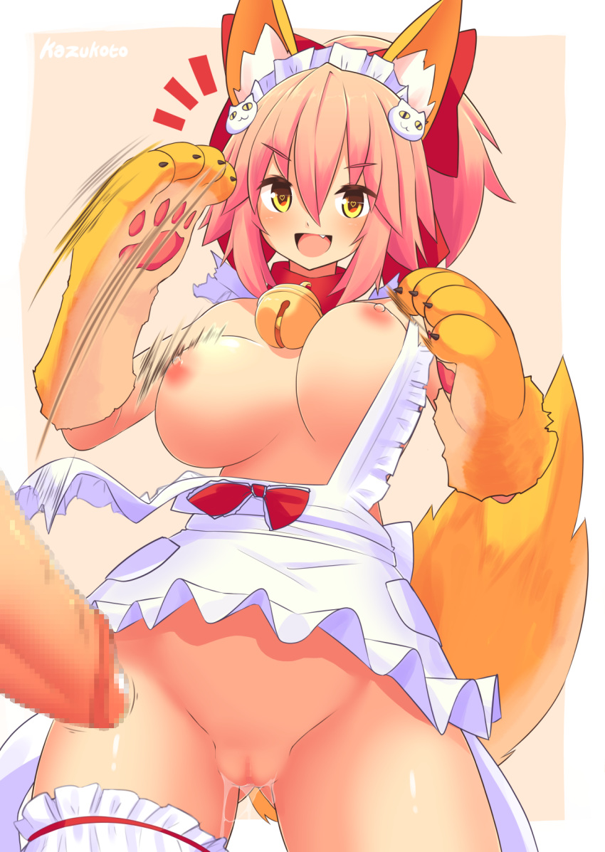 1boy animal_ear_fluff animal_ears apron bell bell_collar blush breasts breasts_out cat_hair_ornament cat_paws censored clip_studio_paint_(medium) collar commentary erection eyebrows_visible_through_hair fangs fate/grand_order fate_(series) female fox_ears fox_girl fox_tail gloves hair_ornament hair_ribbon heart heart-shaped_pupils highres jingle_bell kazu-koto large_breasts long_hair naked_apron nipples paw_gloves paws penis pink_hair ponytail pussy pussy_juice red_ribbon ribbon symbol-shaped_pupils tail tamamo_cat yellow_eyes