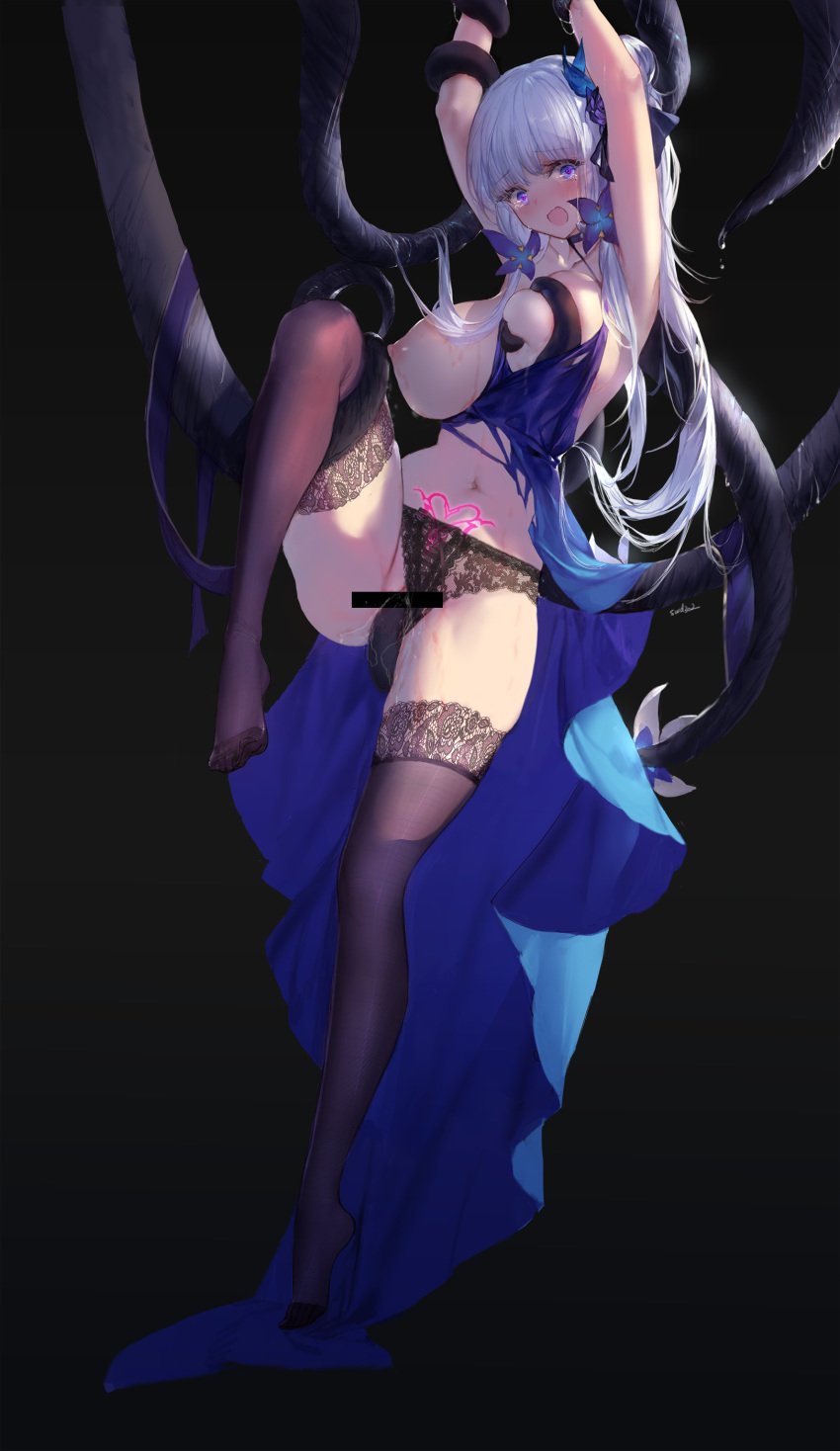 arms_above_head azur_lane blush breasts censored dress illustrious_(azur_lane) lace-trimmed_thighhighs lace_panties leg_up nipples no_bra open_shirt panties_aside pantsu pubic_tattoo pussy pussy_juice restrained_by_tentacles skirt_lift swd3e2 tattoo tentacle tentacle_around_breast tentacle_around_leg tentacle_in_pussy tentacles_around_arms tentacles_under_clothes thighhighs torn_clothes torn_dress