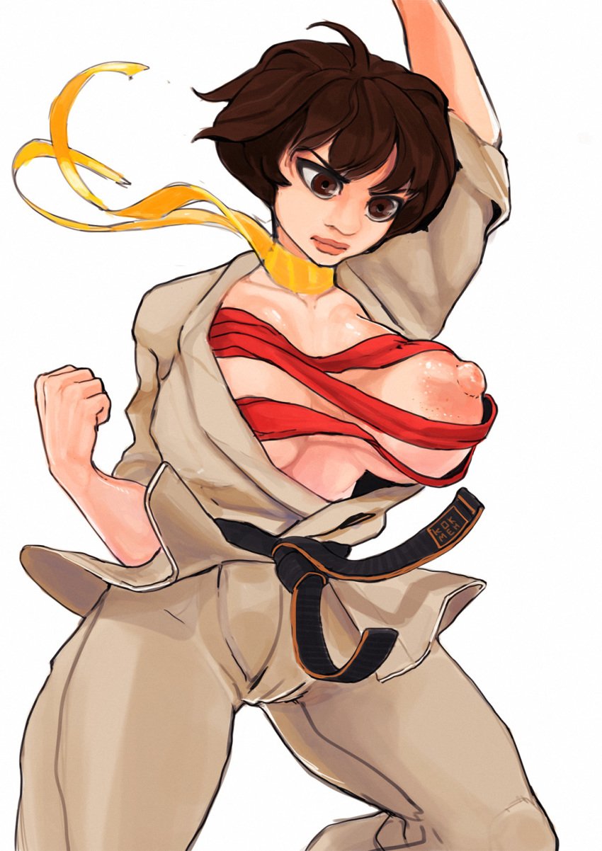 alternate_breast_size bandage bandages big_breasts big_nipples breasts brown_eyes brown_hair female female_only huge_breasts karate karate_gi kokman makoto_(street_fighter) street_fighter tomboy