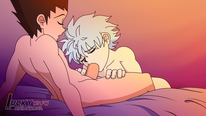 2boys animated artist_logo bed closed_eyes fellatio gay gon_freecss hunter_x_hunter killua_zoldyck light-skinned_male light_skin luckylui male male_only multiple_boys oral pale-skinned_male pale_skin penis silver_hair teenage_boy teenager teenager_on_teenager teenagers white_hair yaoi