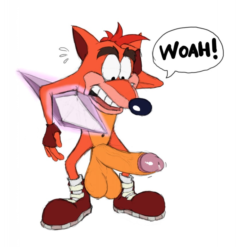 1boy 2020 accurate_art_style activision anthro balls bandicoot big_balls big_penis black_nose bodily_fluids clothing crash_(series) crash_bandicoot crystal english_text erect erect_penis erection eyebrows fingerless_gloves footwear footwear_only foreskin fur furry furry_only gay genital_fluids genitals glans gloves growth hair handwear hanging_balls hi_res humanoid_genitalia humanoid_penis male male_only mammal marsupial mostly_nude navel no_humans noodlet open_mouth orange_body orange_fur penis penis_growth precum red_hair retracted_foreskin shoes shoes_only simple_background solo speech_bubble surprise surprised sweat sweatdrop tagme teeth text text_bubble thick_eyebrows tongue uncut video_games white_background woah yaoi