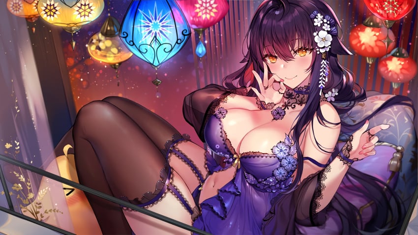 alternate_version_available amber_eyes azuma_(azur_lane) azur_lane big_breasts hair_ornament hatoyama_itsuru lingerie stockings yellow_eyes