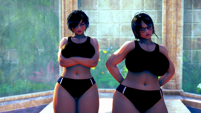 2girls 3d athletic_wear bathhouse big_breasts black_hair blush chubby chubby_female family honey_select huge_breasts impi looking_away mature midriff minamoto_(impi) mother_and_daughter pale_skin purple_eyes short_hair teen thick_thighs tummy voluptuous wide_hips winking winking_at_viewer yukio_(impi)