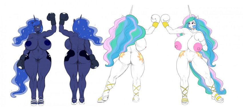 anthro areola ass big_breasts big_butt boxing boxing_gloves breasts clothing duo equid equine female friendship_is_magic furry genitals gloves handwear hellbridge horn huge_breasts mammal my_little_pony navy_blue_boxing_gloves navy_blue_gloves nipples nude princess_celestia_(mlp) princess_luna_(mlp) pussy sibling simple_background sister sisters unicorn white_background white_boxing_gloves white_gloves wide_hips