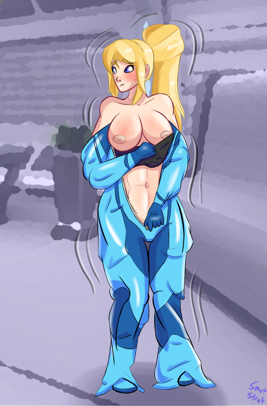 baggy_clothing blush bra embarrassed exposed_breasts loose_clothes metroid nintendo oversized_clothes sagging_clothing samus_aran shrinking shrinking_into_clothes smutstrut unzipped unzipped_bodysuit unzipped_zero_suit unzipping unzipping_bodysuit zero_suit