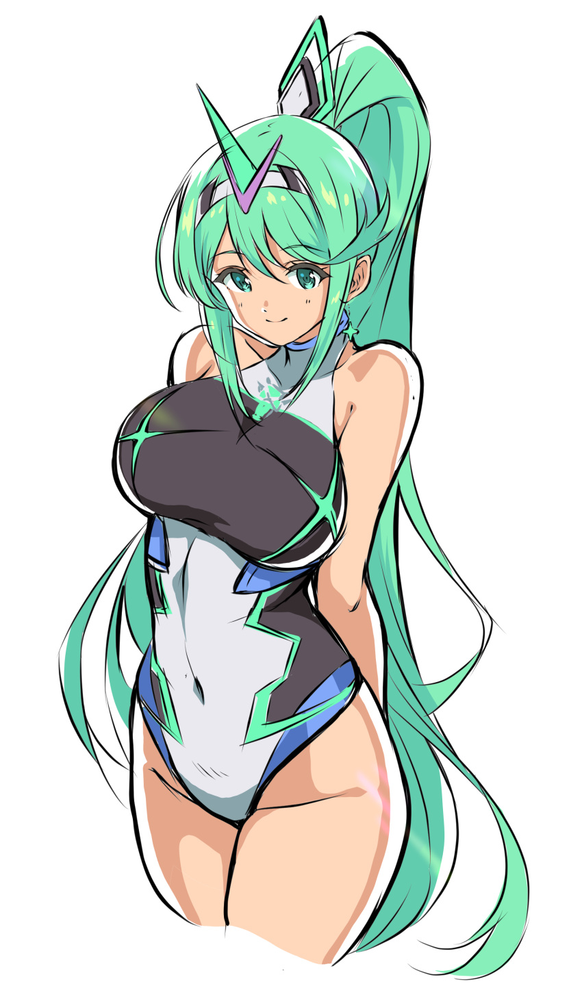 1girls absurdres bangs bare_arms bare_shoulders breasts competition_swimsuit covered_navel cowboy_shot earrings female green_eyes green_hair highres jewelry large_breasts long_hair long_ponytail looking_at_viewer nintendo one-piece_swimsuit pneuma_(xenoblade) ponytail simple_background smile solo swept_bangs swimsuit tiara very_long_hair white_background xenoblade_(series) xenoblade_chronicles_2 yuuuun0218