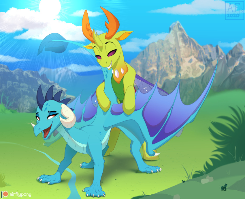 2020 absurd_res airfly-pony cloud day digital_media_(artwork) dragon friendship_is_magic furry hasbro hi_res horn king_thorax_(mlp) mountain my_little_pony open_mouth outside princess_ember_(mlp) thorax_(mlp) wings