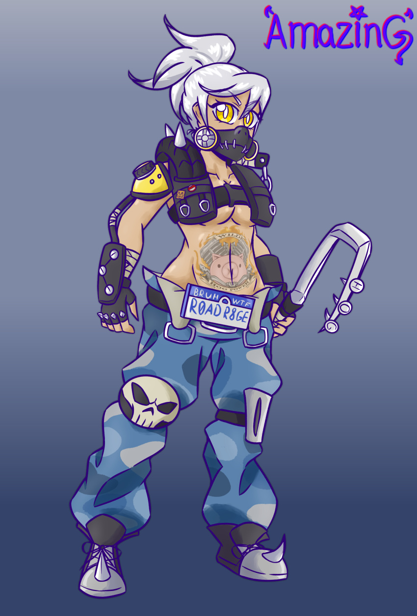 baggy_clothing baggy_pants big_breasts cute dark_skin gas_mask gender_bender genderbent golden_eyes gray_hair hook overwatch overwatch_2 ponytail punk roadhog roadhog_(female) rule_63 silver_hair slim tattoo yellow_eyes