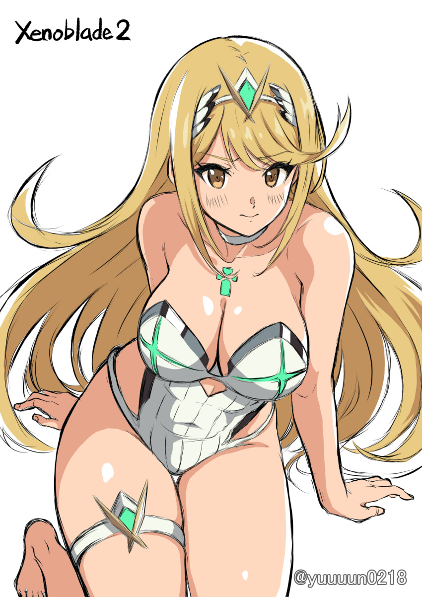 1girls bangs bare_arms blonde_hair blush breasts choker cleavage covered_navel cowboy_shot eyebrows_visible_through_hair female from_above highres hikari_(xenoblade_2) large_breasts looking_at_viewer mythra nintendo one-piece_swimsuit simple_background swept_bangs swimsuit thigh_gap thigh_strap thighs tiara twitter_username white_background white_choker white_swimsuit xenoblade_(series) xenoblade_chronicles_2 yellow_eyes yuuuun0218