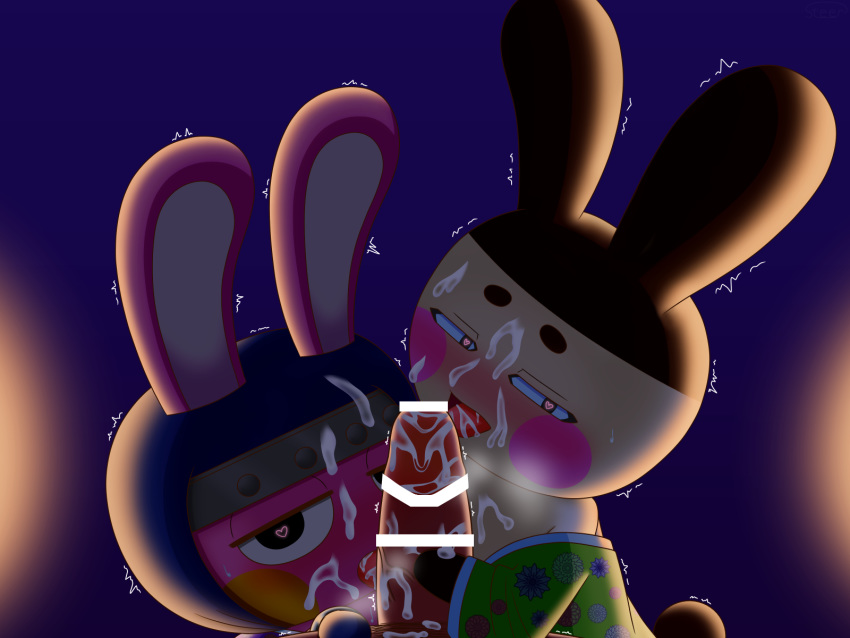 <3_eyes 4:3 animal_crossing anthro bodily_fluids brown_markings clothing cum domestic_rabbit ejaculation fellatio fur genital_fluids genitals genji_(animal_crossing) group heart hi_res holding_penis lagomorph leporid licking male male/male mammal markings nintendo oral oryctolagus penile penis penis_lick pink_body pink_fur rabbit sex shaking shivering snake_(animal_crossing) tagme tongue tongue_out video_games