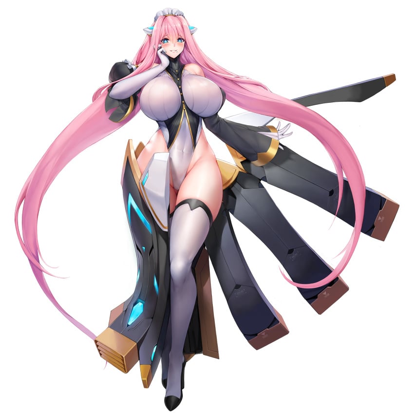 1:1_aspect_ratio absurdly_long_hair blue_eyes blush breasts detached_sleeves elbow_gloves female full_body gloves grin headdress high_heels high_resolution highleg highleg_leotard huge_breasts last_origin leotard long_hair mole mole_under_mouth official_art pink_hair serapias_alice shoes smile snowball22 solo thighhighs transparent_background very_long_hair white_gloves