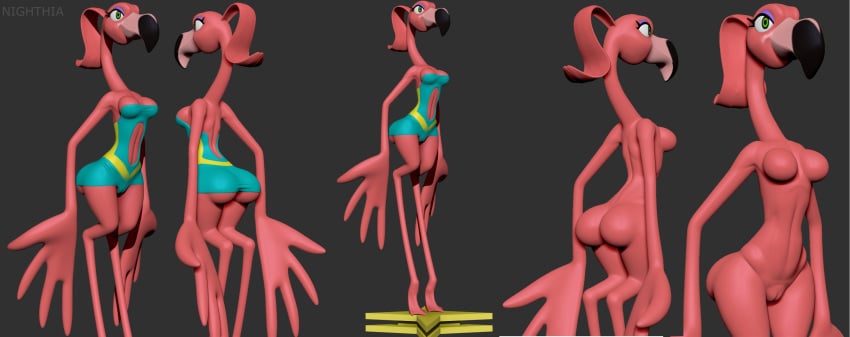 anthro ass avian baseball_flamingo_(bna) bird brand_new_animal breasts clothed clothing female flamingo genitals green_eyes hi_res model nighthia non-mammal_breasts nude pink_body pussy skinny small_breasts solo standing studio_trigger wings zbrush