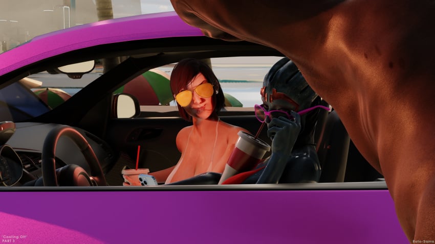 1boy 2girls 2girls1boy asari beach big_breasts big_lips bikini blue_skin cleavage clothed clothed_female commander_shepard curious eyebrows_raised femshep interracial jane_shepard mass_effect muscular_male red_hair rotosama saliva samara smile smiling soda straw sunglasses sweat sweatdrop sweating