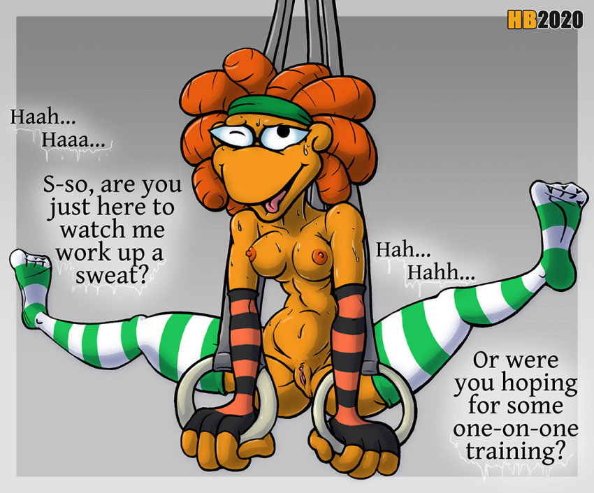 anthro bodily_fluids clothing english_text female gloves gymnastics handwear hentai_boy humanoid legwear muppet muppet_babies muppets nude skeeter_(muppets) solo stockings sweat text the_muppet_show