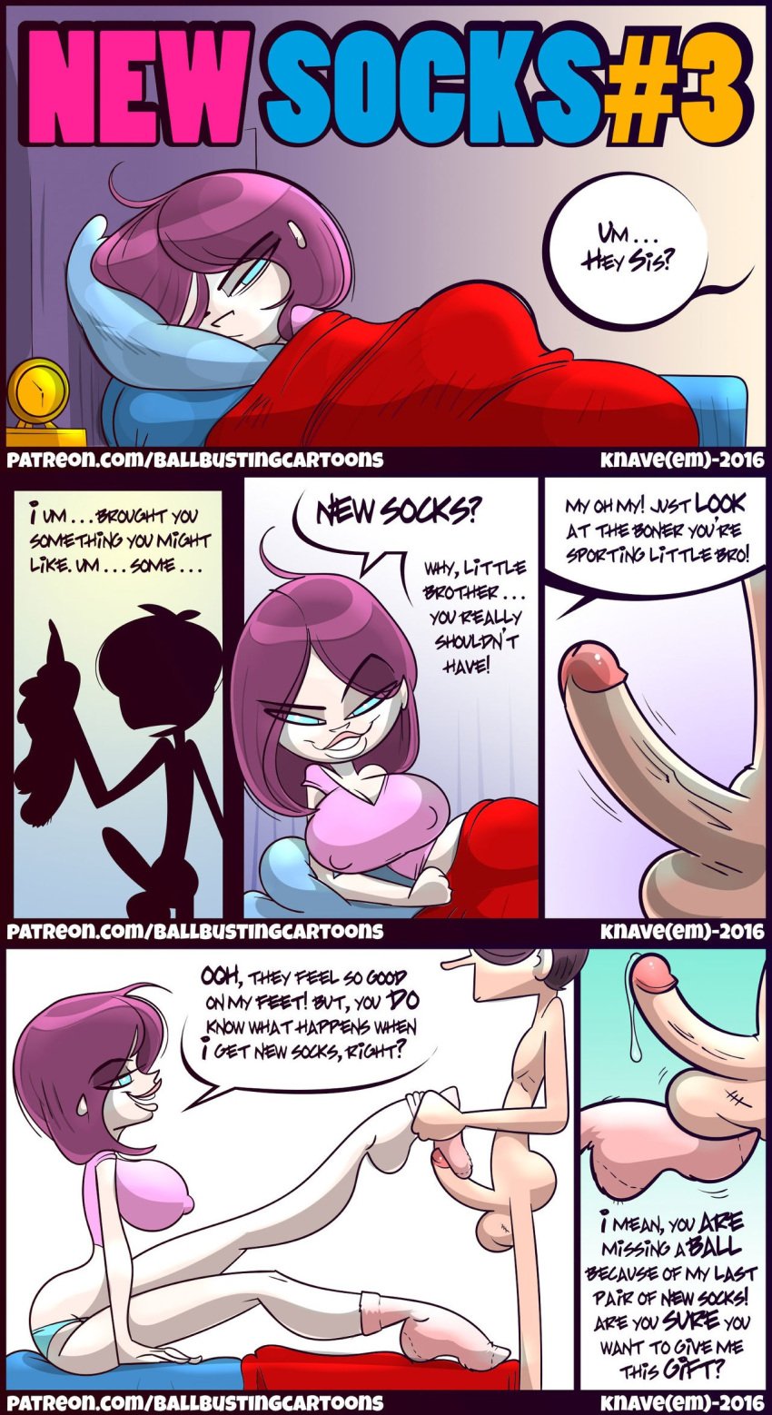 ballbusting big_ass big_breasts big_penis blue_eyes brother_and_sister cbt cock_and_ball_torture domination dominatrix feet female fuzzy_socks hourglass_figure incest knave male one_ball popping_balls purple_hair socks stepped_on stepping_on_penis tagme