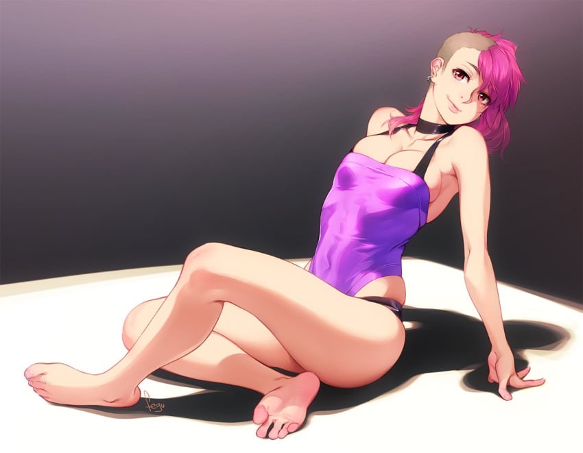 barefoot breasts choker clothing feet feguimel legs looking_at_viewer lykke_(feguimel) oc pink_hair posing shaved_head soles toes