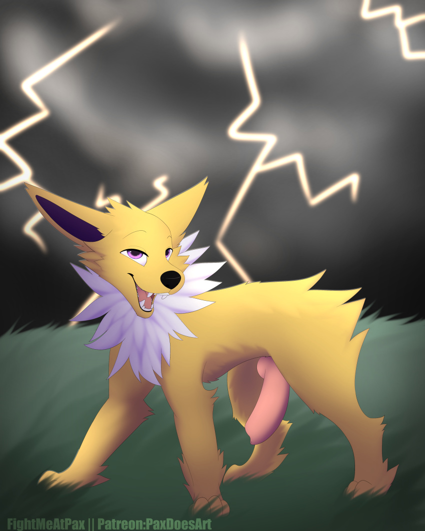 4:5 absurd_res eeveelution feral fur genitals grin hi_res jolteon knot lightning male male_only nauticalcanine nintendo penis pokémon pokémon_(species) pokemon_rgby smile solo thunder_storm video_games yellow_body yellow_fur