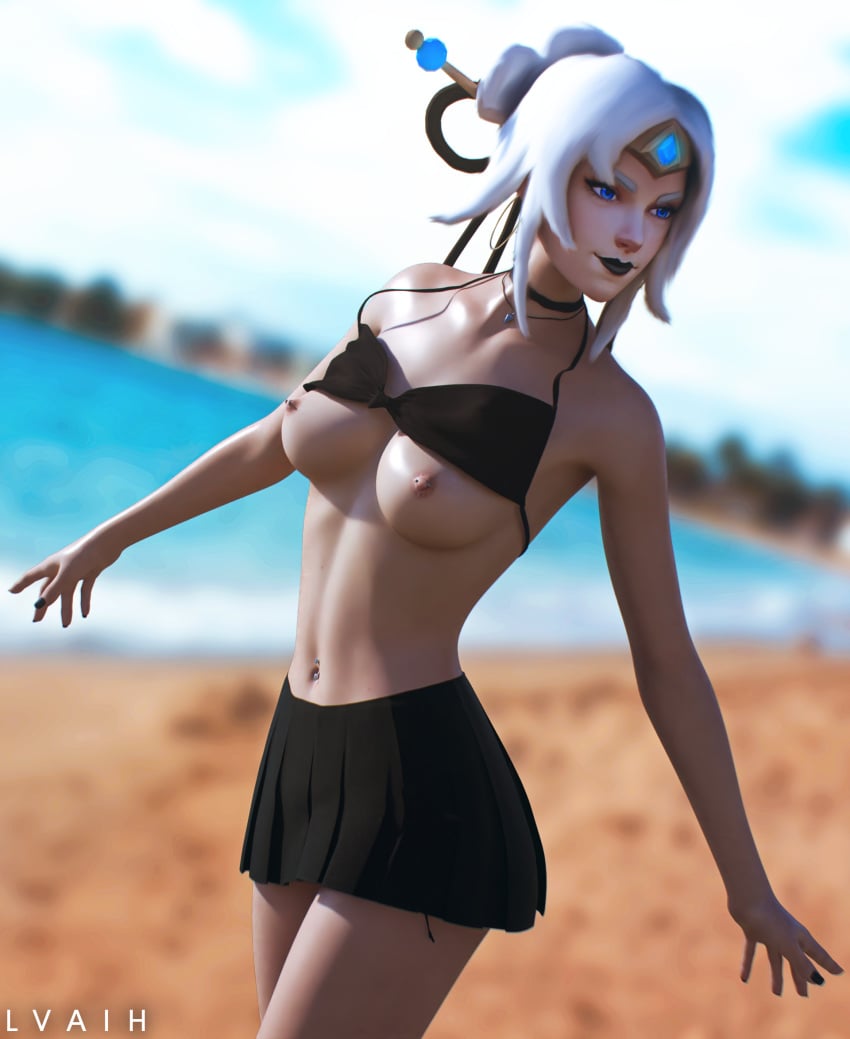 1girls 3d 3d_(artwork) areolae beach bikini bikini_top black_bikini black_lipstick blue_eyes blurred_background blurry_background breasts breasts_out female female_only hi-rez_studios hoop_earrings lian_(paladins) merade navel navel_piercing necklace nipple_piercing nipples paladins skirt solo solo_female straight white_hair