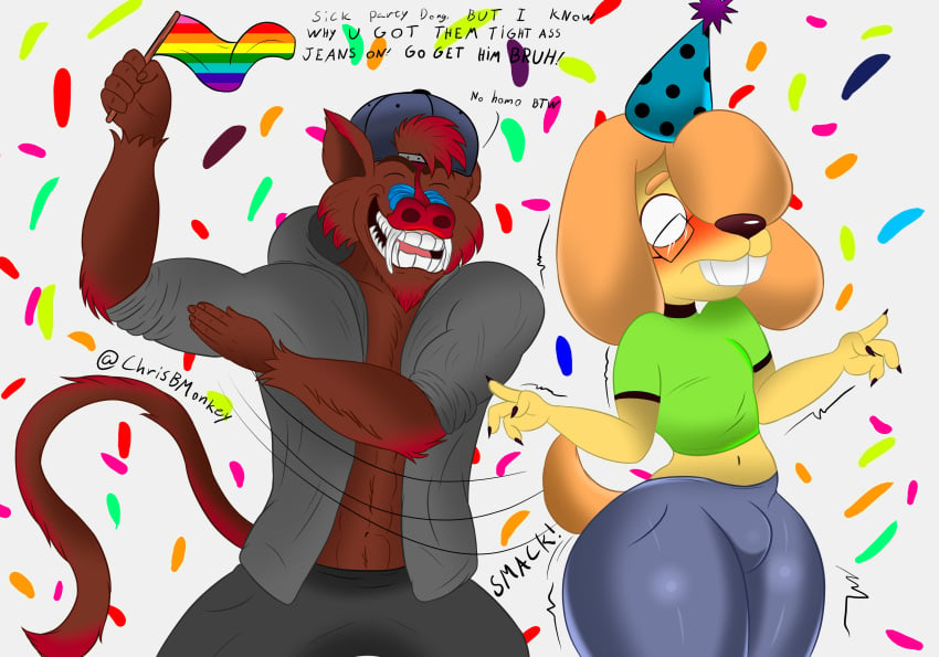 birthday blush bulge chris_(chrisbmonkey) chrisbmonkey femboy gerry_(dongitos) glasses jeans lgbt_pride_colors male male_only mandrill monkey penis_bulge penis_under_clothes smack smacking_ass smile smiling surprise surprised tight_clothes tight_pants