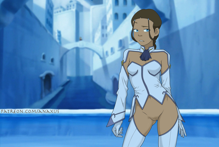 anaxus avatar_the_last_airbender blue_eyes bottomless brown_hair clothing dark-skinned_female dark_skin female female_only gloves innie_pussy katara petite posing princess_outfit pussy small_breasts solo stockings thighhighs vagina