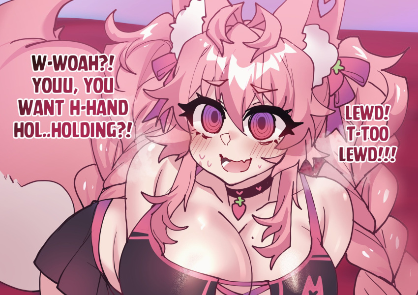 big_breasts blush braided_hair choker cleavage embarrassed english_text fox_ears fox_girl fox_tail hair_ribbon holding_hands_is_lewd huge_breasts kireina_pinky_fox mole_on_breast original osiimi pink_eyes pink_fur pink_hair pinky_fox_(osiimi) sweatdrop virtual_youtuber wholesome