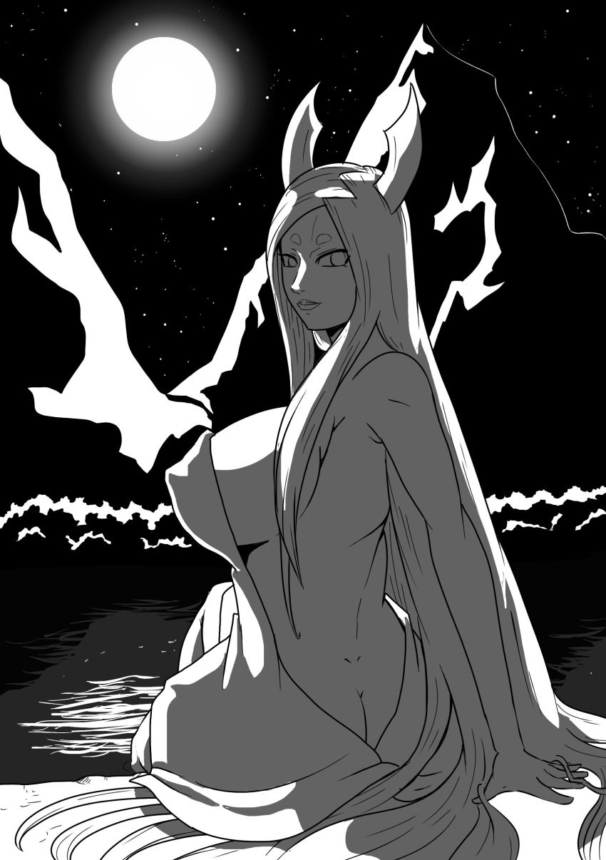 1girls ass big_breasts black_and_white breasts female female_only full_moon horns lake long_hair looking_at_viewer looking_back mattwilson83 moon mw83 naruto naruto_(series) naruto_shippuden night otsutsuki_kaguya sideboob sitting towel very_long_hair water